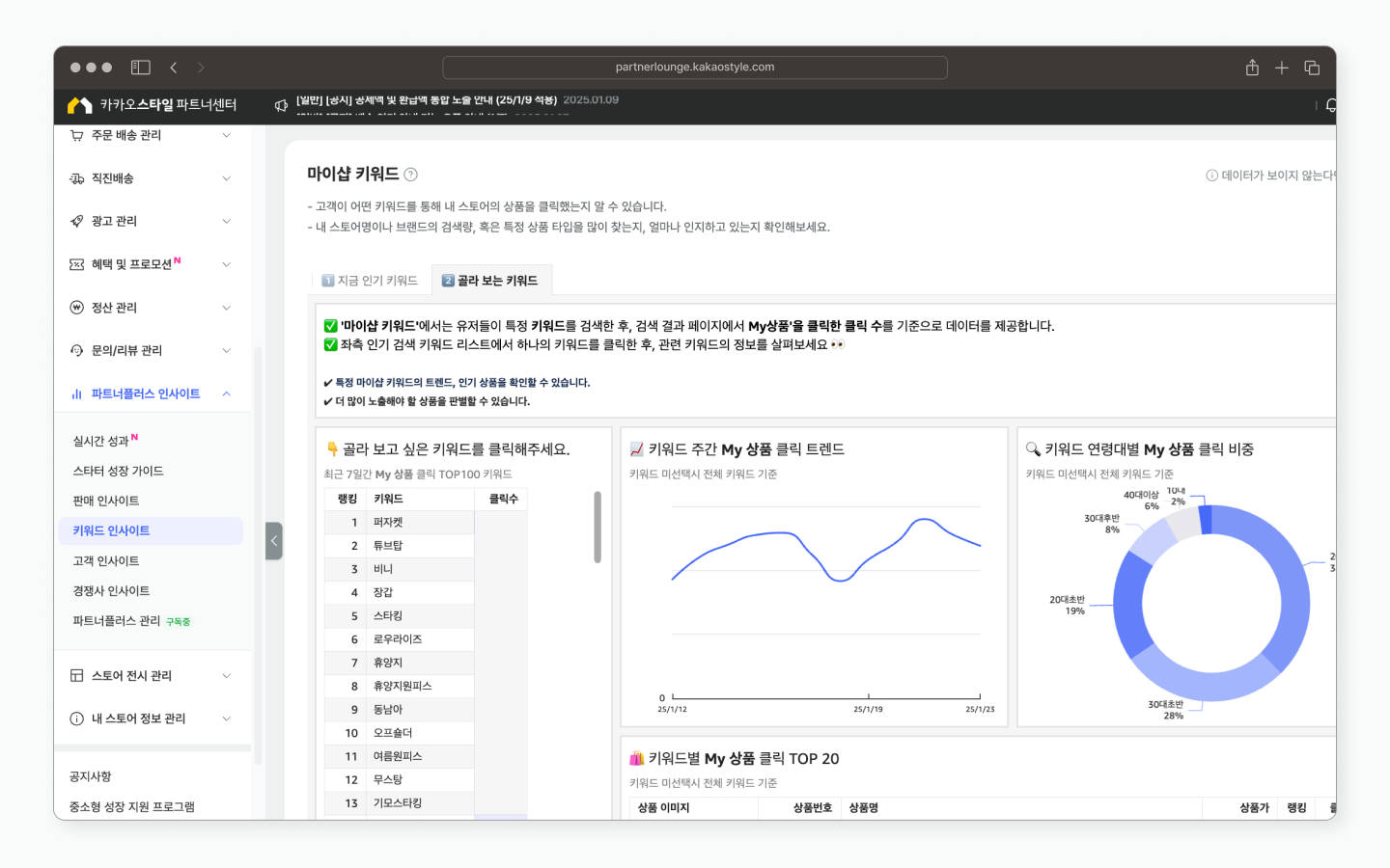 파트너플러스의 ‘키워드 인사이트 - 마이샵 키워드 - 골라보는 키워드’ 예시 화면