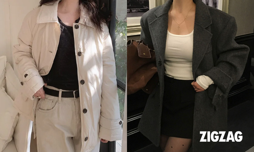 (왼쪽부터) ‘슬로우앤드 벨티드 패딩코트’, ‘베이델리 앤틱 핸드메이드 오버핏 하프 코트’