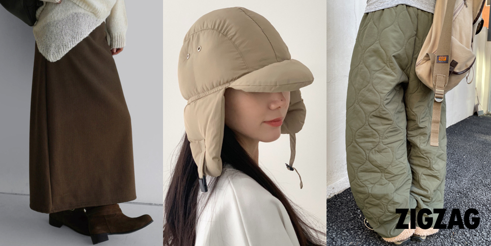 (왼쪽부터) ‘라룸 라떼 융기모 스커트’, ‘배드걸 방한 트루퍼햇’, ‘모래하우스 퀼팅 패딩 팬츠’