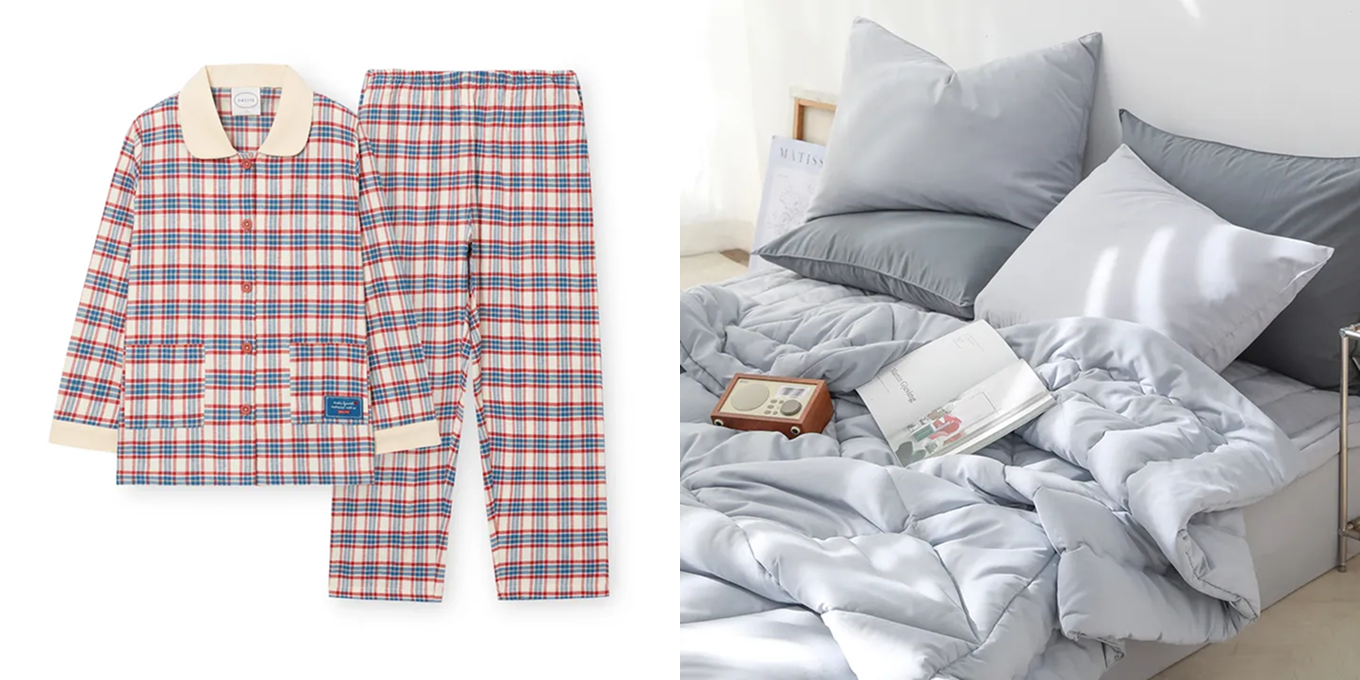 (왼쪽부터) ‘오르시떼 미닝체크 긴소매 파자마 세트’, ‘아망떼 뉴데이즈 사계절 차렵이불’