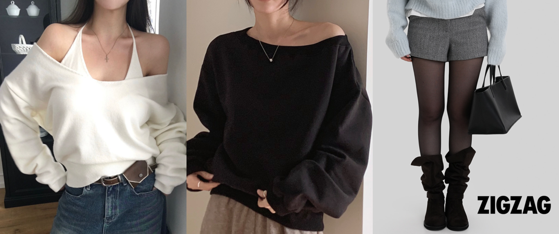 사진 : 좌측부터 ‘베이델리-비거 나시 브이넥 니트 세트’, ‘슬로우앤드-원오프숄더 여리핏 맨투맨’, ‘어텀-모먼트 울쇼츠’