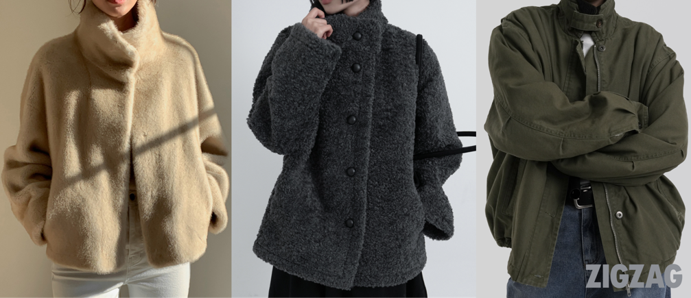 (왼쪽부터) ‘베니토- 에니브 에어리 페미닌 하이넥 퍼자켓’, ‘오뉴이- 베어 오버핏 부클 하프 코트’, ‘어텀- 파크덤블점퍼’