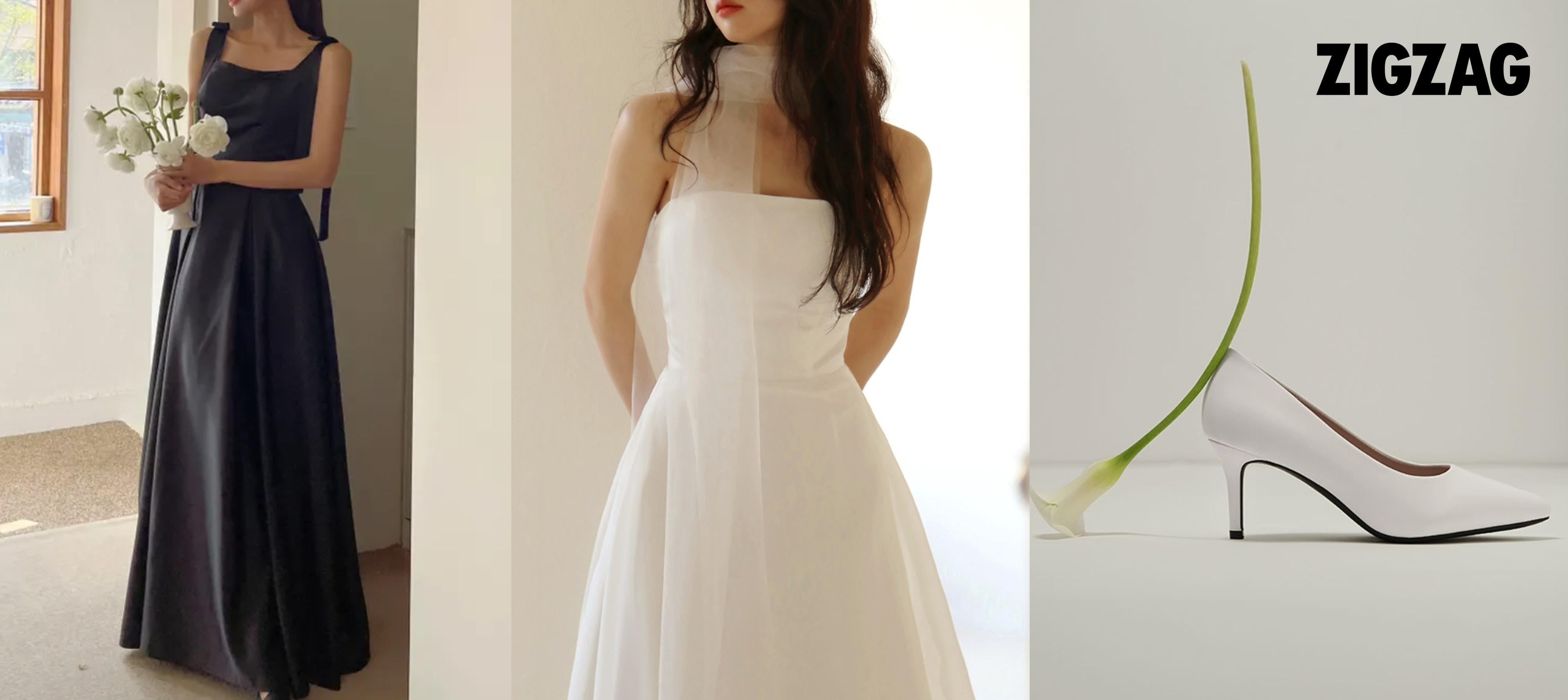 (좌측부터) 모반디 ‘양리본 블랙 셀프웨딩 원피스’, 비치팜 ‘셀레네 벨라인 드레스’, 착한구두 ‘크레센도 스틸레토 힐’