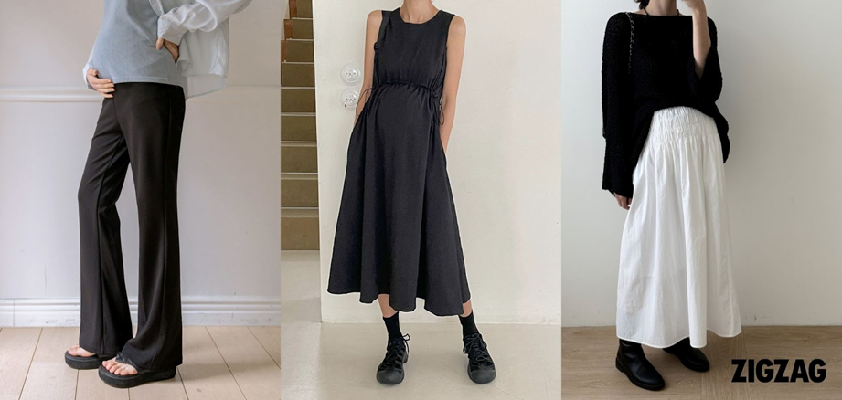 (사진설명) 좌측부터 ‘소임-더블치즈 롱다리 부츠컷 슬랙스’, ‘맘누리-쿠렌즈 스토퍼 원피스’, ‘잇츠밤비 - 4계절용 임산부 허리 스모크 맥시 스커트’